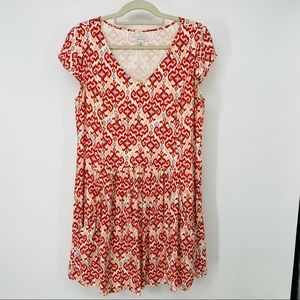 Garnet Hill Red and White Patterned V-Neck Cap Sleeve Dress